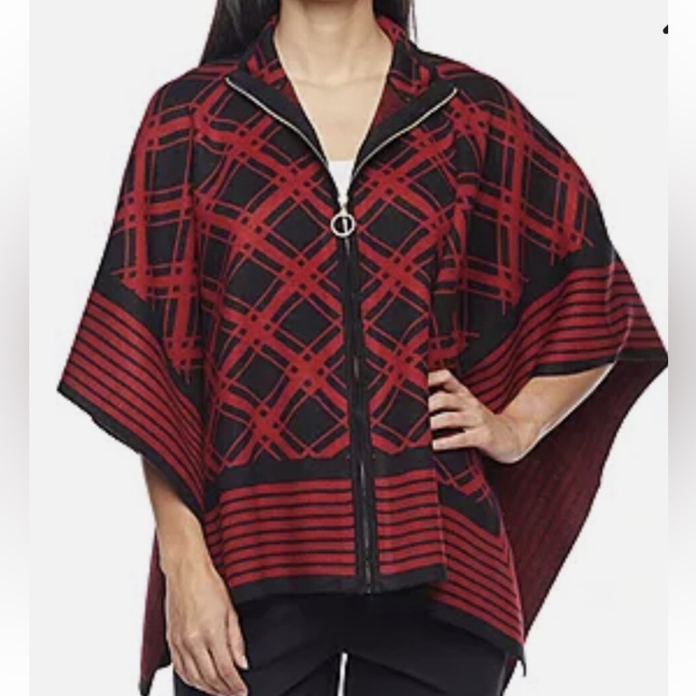 Black Label by Evan-Picone Red & Black Zip Poncho Sz XS